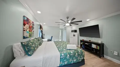 a bedroom with a bed and a flat screen tv at Private Entrance King Room and Private Bath UMiami in Miami
