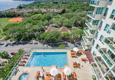 an aerial view of a hotel with a swimming pool at MVR Suite in Grove-s Best-Kept Secret in Miami