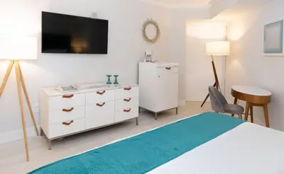 a bedroom with a bed and a dresser and a tv at MVR Suite with Access to Miami-s Best Rooftop in Miami
