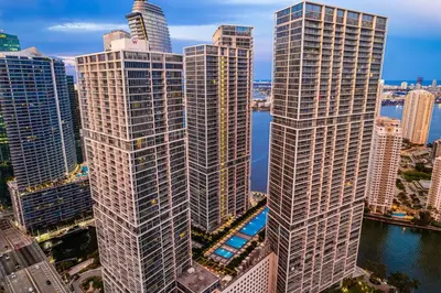 an aerial view of tall buildings in a city at Icon Brickell 2BR Poolside Paradise in the Sky in Miami