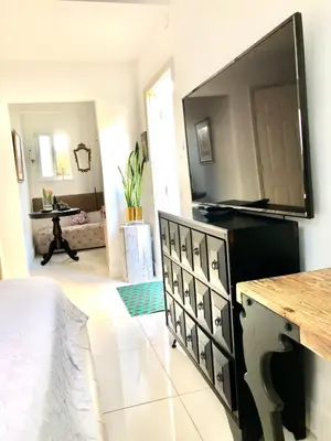 a living room with a large flat screen tv at Retreat Independent Entire Room in Princeton