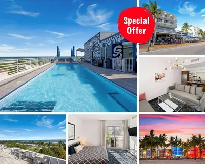 a collage of photos with a pool and a sign special offer at Heart of the Ocean Drive 1BDR Rooftop Pool with cabanas in Miami Beach