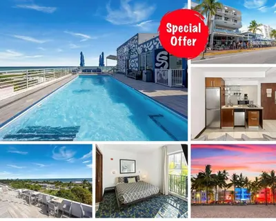 a collage of photos with a pool and a sign special offer at Ocean Drive 1BDR Rooftop Pool with cabanas in Miami Beach