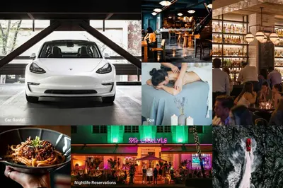 a collage of photos with a car and a restaurant at Hidden Bungalow- Peaceful retreat BBQ and hot tub in Miami