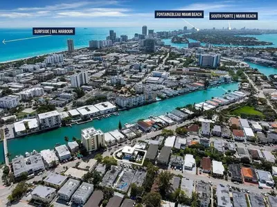an aerial view of a city next to the ocean at Oceanview Crespi Villa in Miami Beach