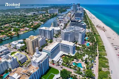 an aerial view of a beach and buildings at South Beach Luxury, 2 Bedroom, Across from Beach in Miami Beach