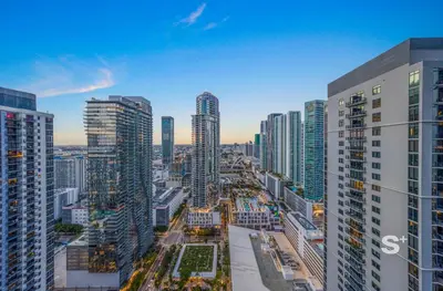 an aerial view of a city with tall buildings at Stylish City Condo in the Heart of Downtown Miami in Miami
