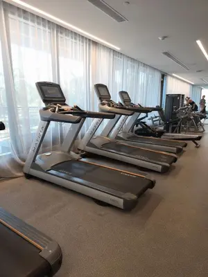 a row of treadmills in a gym with windows at Sweetie Doral studio in Miami