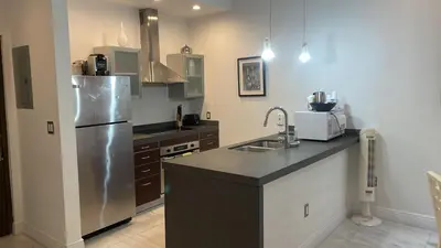 a kitchen with a stainless steel refrigerator and a sink at Knickerbocker 102 in Miami Beach