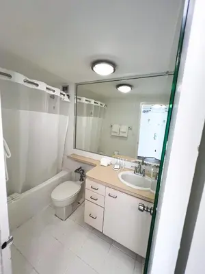 a bathroom with a toilet and a sink and a mirror at Shine Suites Studio 11 in Miami Beach