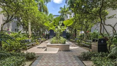 a park with benches and a palm tree at Landing Apartments - Fort Lauderdale in Fort Lauderdale