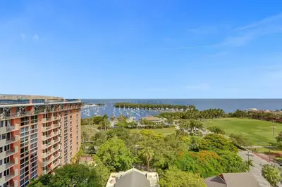 an aerial view of a building and the ocean at Spacious 2BR in Miami Bay Views plus Balcony in Miami