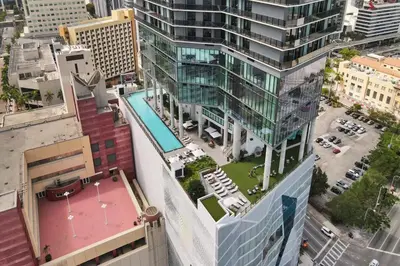 an overhead view of a building with a pool at Miami 3BR Retreat City and Bay Views in Miami