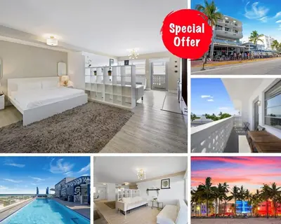 a collage of pictures of a bedroom and a hotel at Spacious Studio - Roof Top Pool & Bar South Beach in Miami Beach