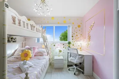 a pink bedroom with a bunk bed and a desk at NEW Hollywood Luxury Villa, Game Room, Hot Tub 12, Fire Pit & BBQ in Hollywood