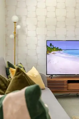 a person sitting on a couch in front of a television at Your Modern South Florida Oasis Comfy and Central in Fort Lauderdale