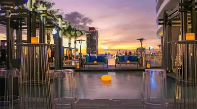 a view of a hotel with a pool of water at Oceanfront Luxe Apt 24th Floor in Hollywood