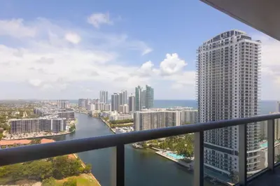 a view of a city with a river and buildings at Beachwalk -1 Bedroom W-Kitchen and Epic Views in Hallandale Beach