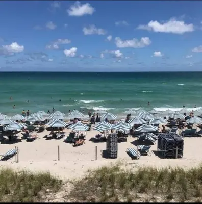 a beach with many umbrellas and people on the beach at 2 Br 2 Bath Waterfront Apt Walking To Beach in Hallandale Beach