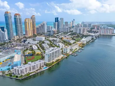 an aerial view of a city next to the water at Waterview Luxury 2-Bedroom Condo Sunny Isles Beach in Sunny Isles Beach