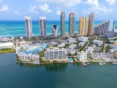an aerial view of a city with tall buildings at Waterview Luxury 2-Bedroom Condo Sunny Isles Beach in Sunny Isles Beach