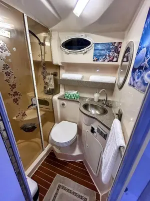 a small bathroom with a toilet and a sink at Party On The Seas in Miami