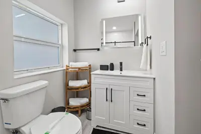 a bathroom with a toilet and a sink and a mirror at Perfect stay for 2-Walk to Wilton Drive-Shops &bars in Fort Lauderdale