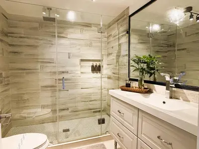 a bathroom with a shower with a sink and a toilet at Urban Oasis Studio, Miami near Coral Gables #5 in Miami