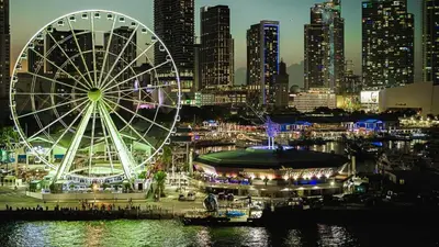a ferris wheel in front of a city at night at Near Brickell, Beach & Port 10min, Style & Comfort in Miami