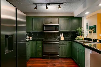 a green kitchen with green cabinets and stainless steel appliances at Hacienda de Amor - Heated pool - Hot Tub - Firepit in Fort Lauderdale