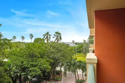a view from a balcony of a resort with palm trees at Palm Oasis, Pool and Free Parking in Miami