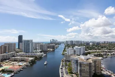 an aerial view of a river in a city at 2BR 2BA at Beachwalk on 29 floor Full Equiped in Hallandale Beach