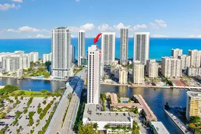 an aerial view of a city with the ocean at Family Beachwalk Studio- 29th floor in Hallandale Beach