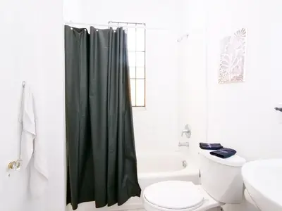 a bathroom with a toilet and a green shower curtain at Cozy 2Bed 1Bath in Edgewater Miami in Miami
