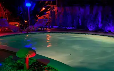 a large swimming pool with blue and purple lights at Garden of Manors - Men Only Clothing Optional Boutique Guesthouse in Florida in Fort Lauderdale