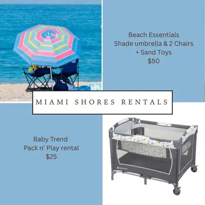 a beach essentials shade umbrella and chairs and a sand tray at Miami Shores Stay | Stylish Apt Minutes to Ocean in North Miami