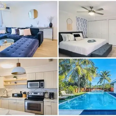 Modern Boho 3BR Duplex Escape with Pool & King Bed Near Beach