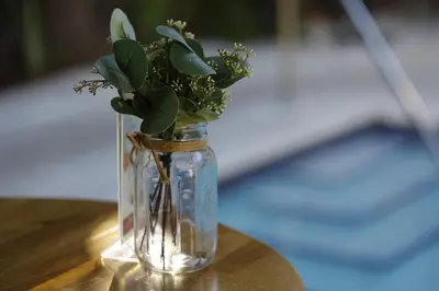 a glass vase with a plant in it on a table at The Lemon Branch Hotel in Miami Beach