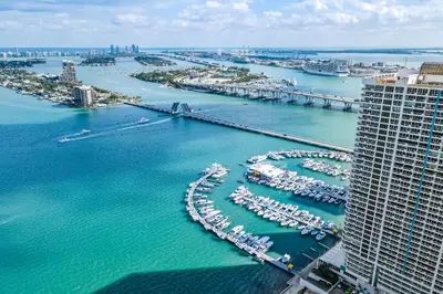 an aerial view of a harbor with boats in the water at Seaview Work Haven Condo for 6 in Miami