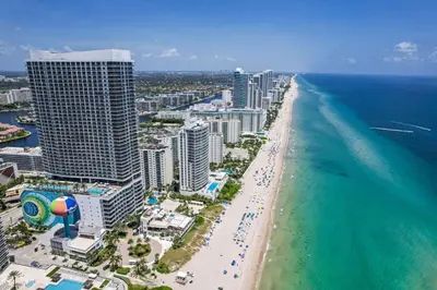 an aerial view of a beach and the ocean at Ocean Luxe Pad for 6 Guests with Poolside Access in Hollywood