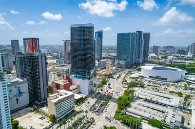 an aerial view of a city with tall buildings at Downtown Luxe Studio Miami Skyline Retreat in Miami