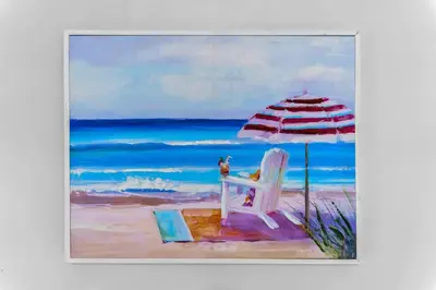 a painting of a cat sitting in a chair under an umbrella at Modern 2-Bedroom Apartment in Miami