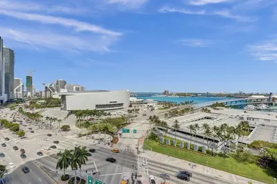 an aerial view of a city with a parking lot at Miami Lux Studio w. Kitchen City and Bay Views in Miami