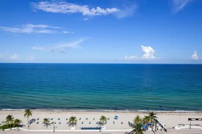 a view of the beach with palm trees and the ocean at Luxe Bayview Condo w Sauna, Hot tub & Beach Access in Fort Lauderdale