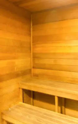 a sauna with wooden walls and two benches at Urban Warmth Retreat in Miami