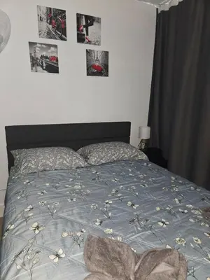 a bed in a bedroom with pictures on the wall at Miami Mini Escape 5 minutes from the airport in Miami