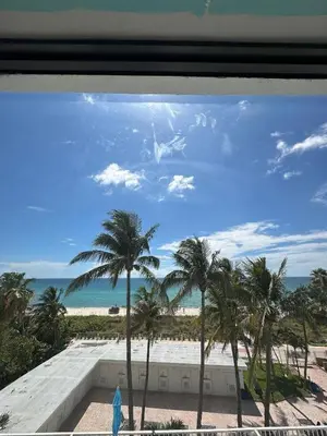 a view of a beach with palm trees and the ocean at Casablanca Beachfront with full kitchen in Miami Beach