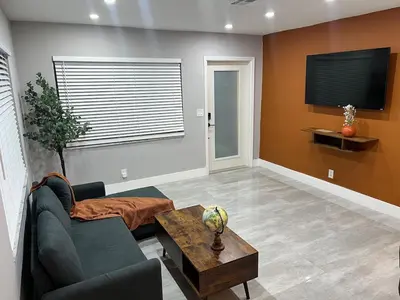 a living room with a couch and a tv at 20 OFF Golden Hour BBQ 10 MIN Beach Airport FL in Fort Lauderdale