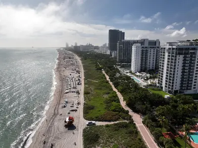 an aerial view of a beach and the ocean at South Beach Luxury 2 Bedroom Condo on the Ocean in Miami Beach