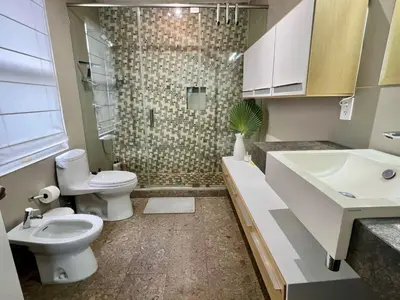 a bathroom with a toilet and a sink and a shower at Luxury 4BR Coconut Grove Home wIith Pool and BBQ in Miami